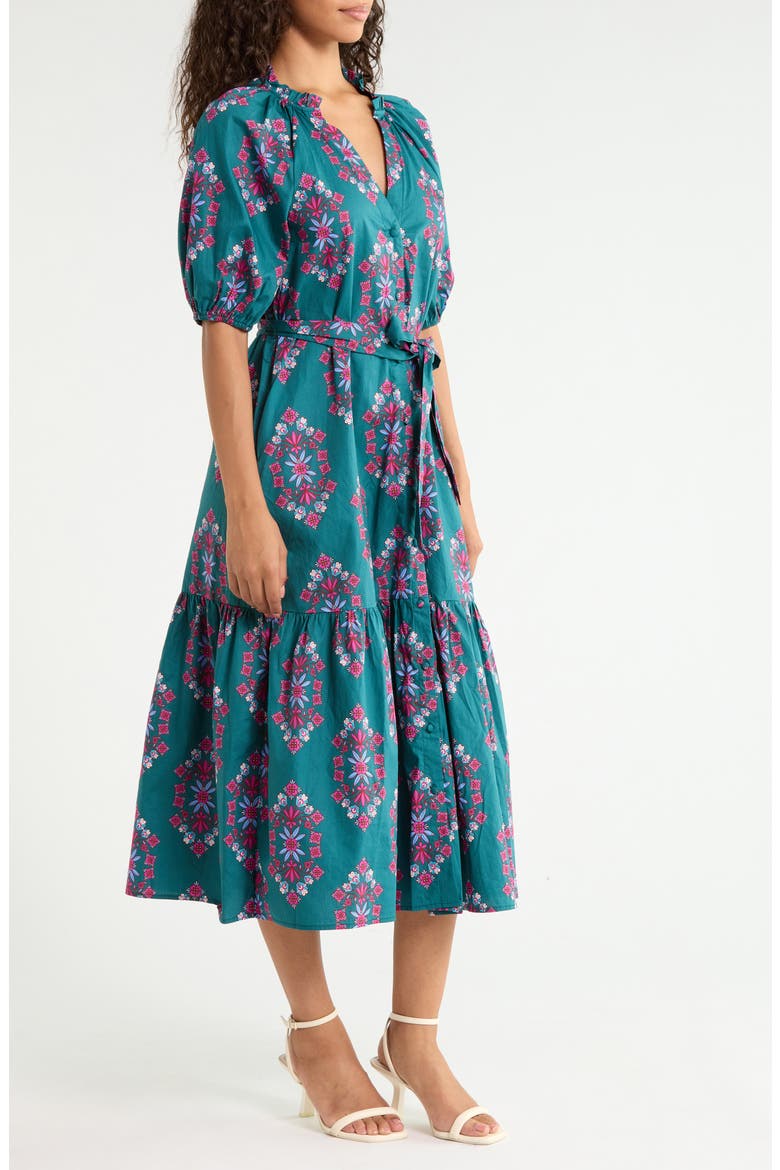 Wynette Tiered Cotton Midi Dress, Alternate, color, TEAL-PINK