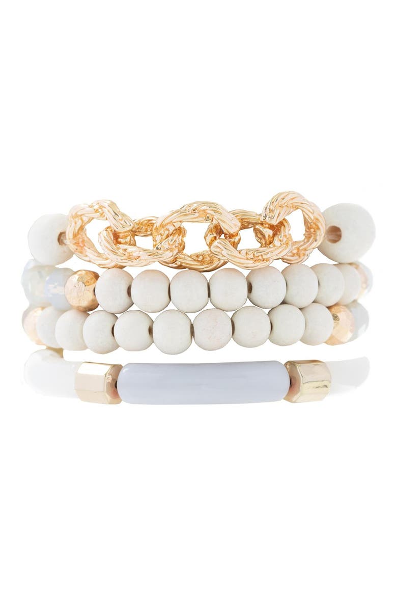Set of Four Wood Beaded Bracelets, Alternate, color, WHITE