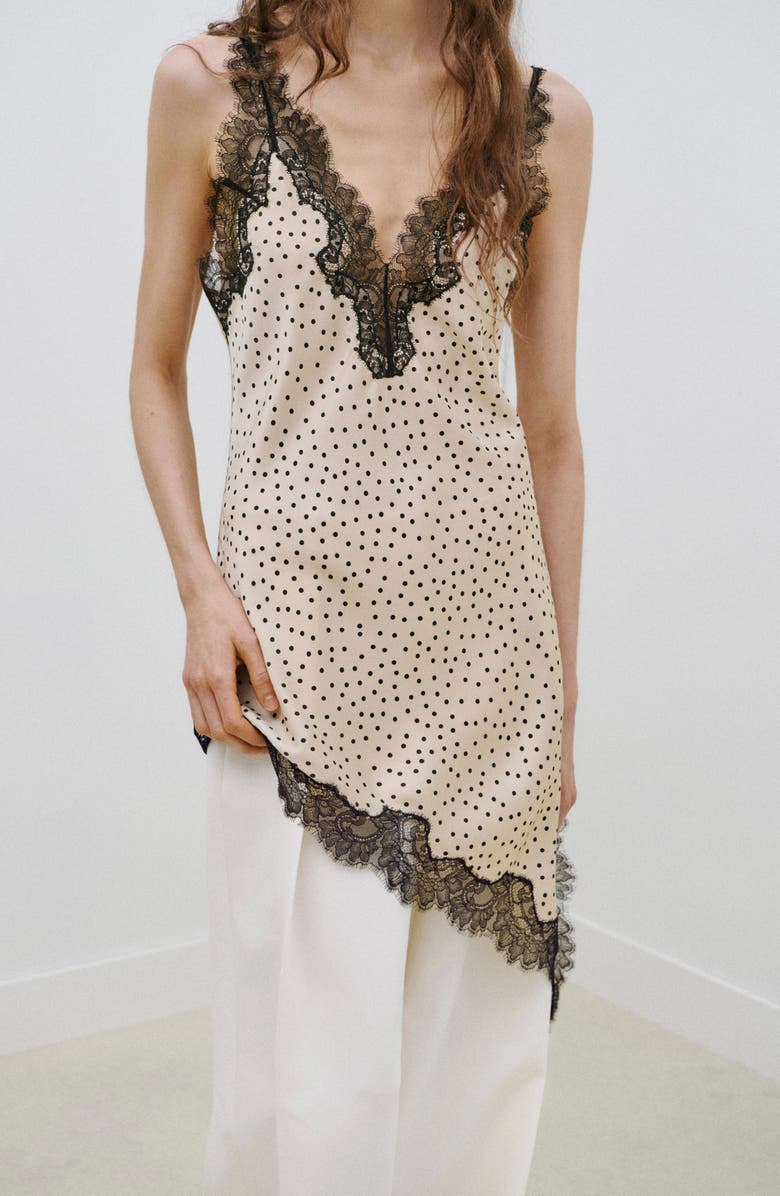 MANGO Silver Polka Dot Lace Trim Satin Top, Alternate, color, Ecru