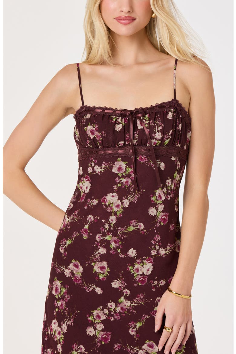 Abriana Floral Lace Trim Midi Dress, Alternate, color, WINE FLORAL