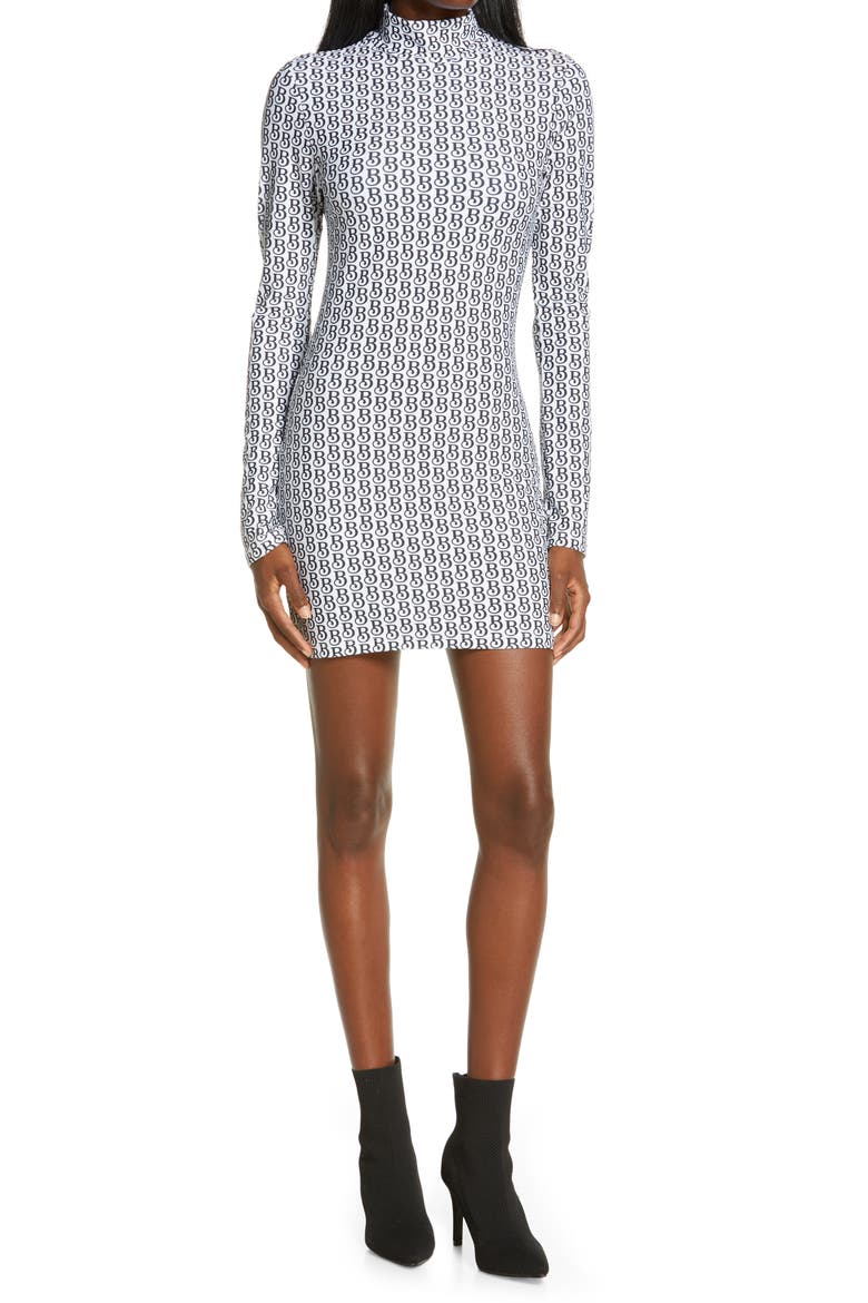 Logo Print Long Sleeve Body-Con Minidress, Main, color, BLACK