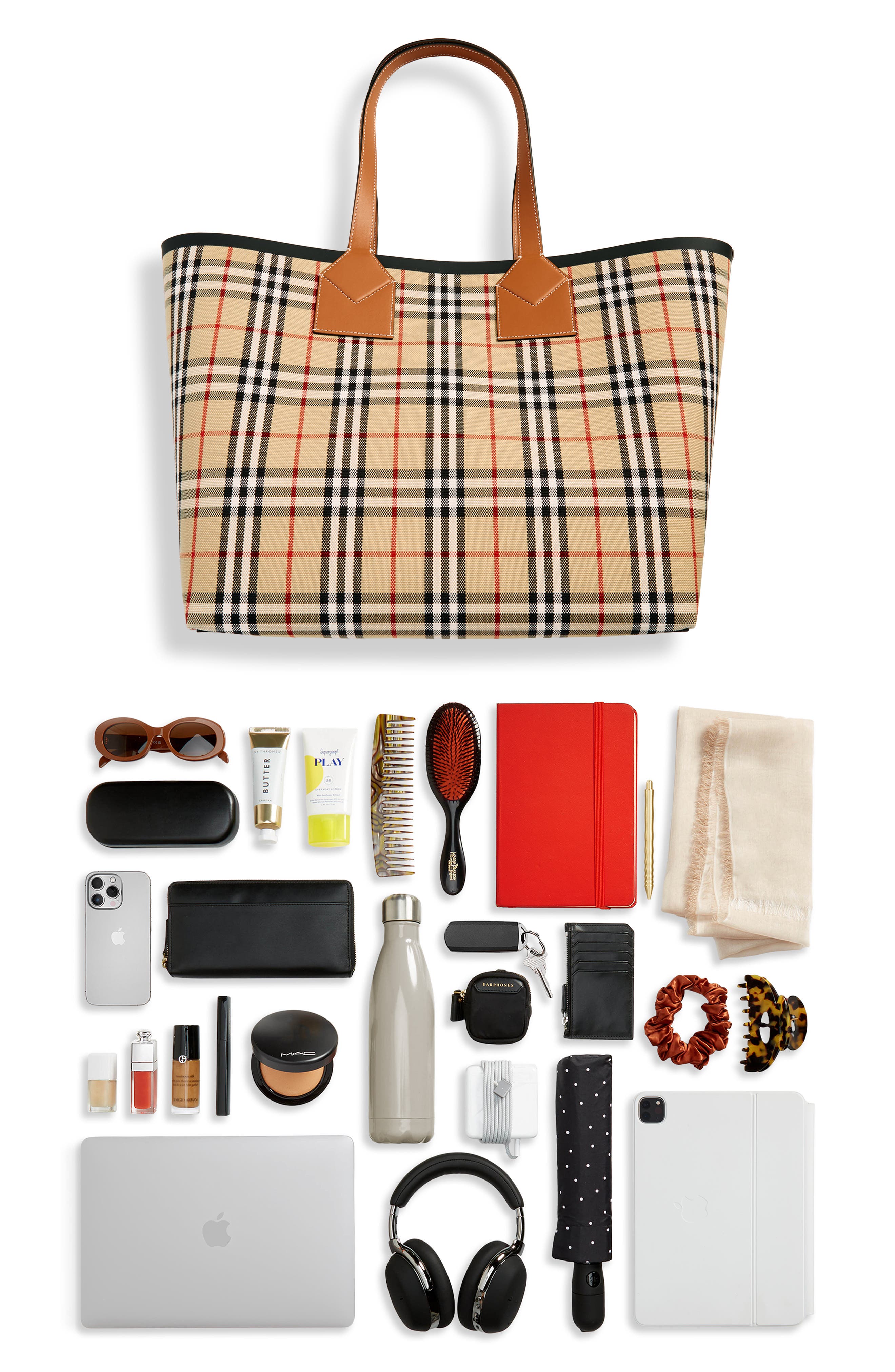 Large London Check Cotton Canvas Tote, Alternate, color, BRIAR BROWN/ BLACK