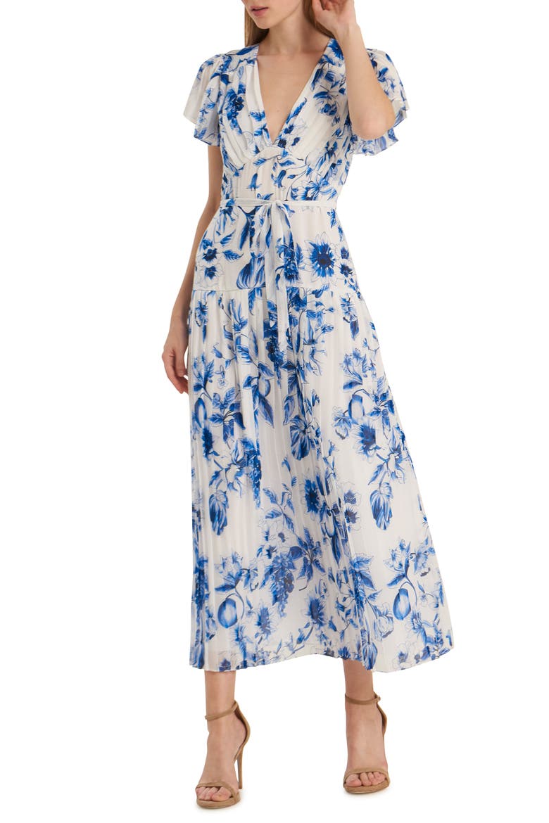 Floral Pleated Tea Length Dress, Main, color, BLUE MULTI