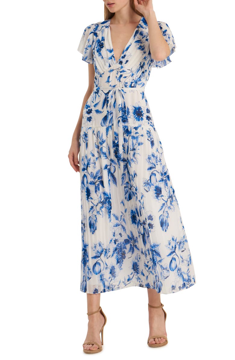 ML Monique Lhuillier Floral Pleated Tea Length Dress, Main, color,