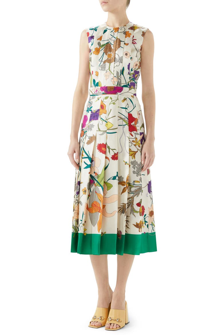 Flora Gothic Print Silk Pleated Midi Dress, Main, color, IVORY