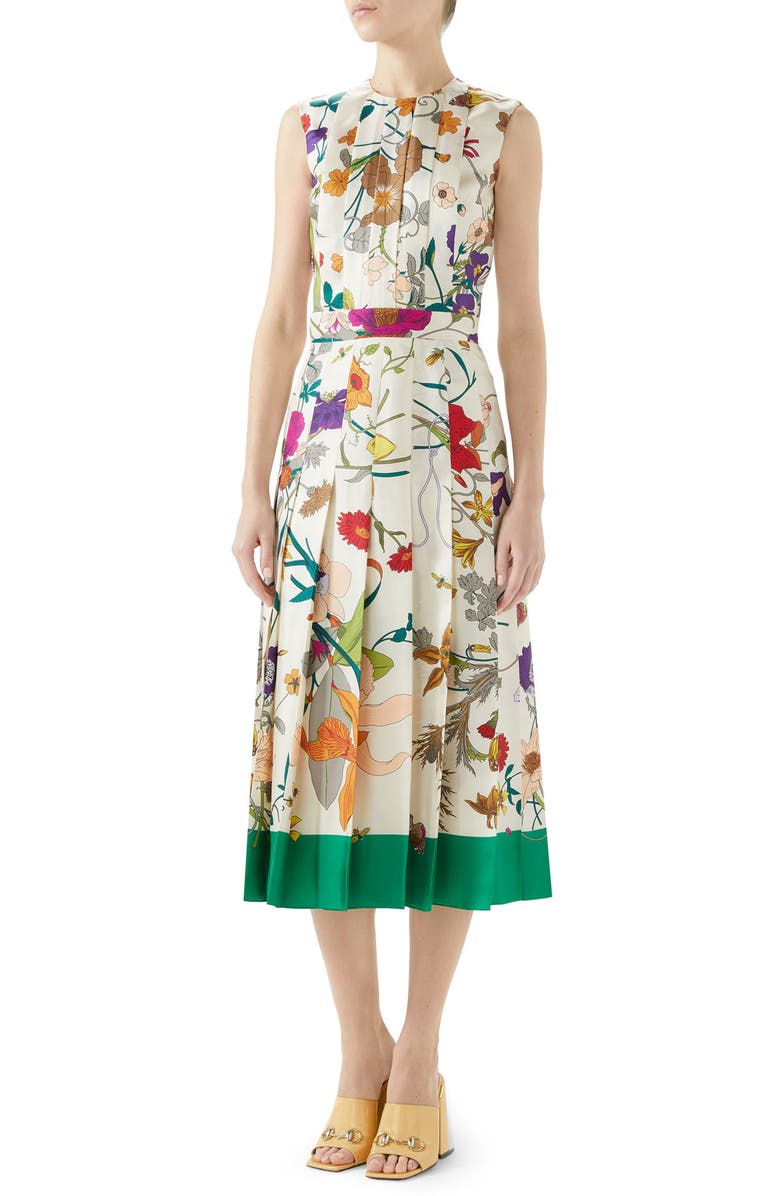 Gucci Flora Gothic Print Silk Pleated Midi Dress, Main, color, 