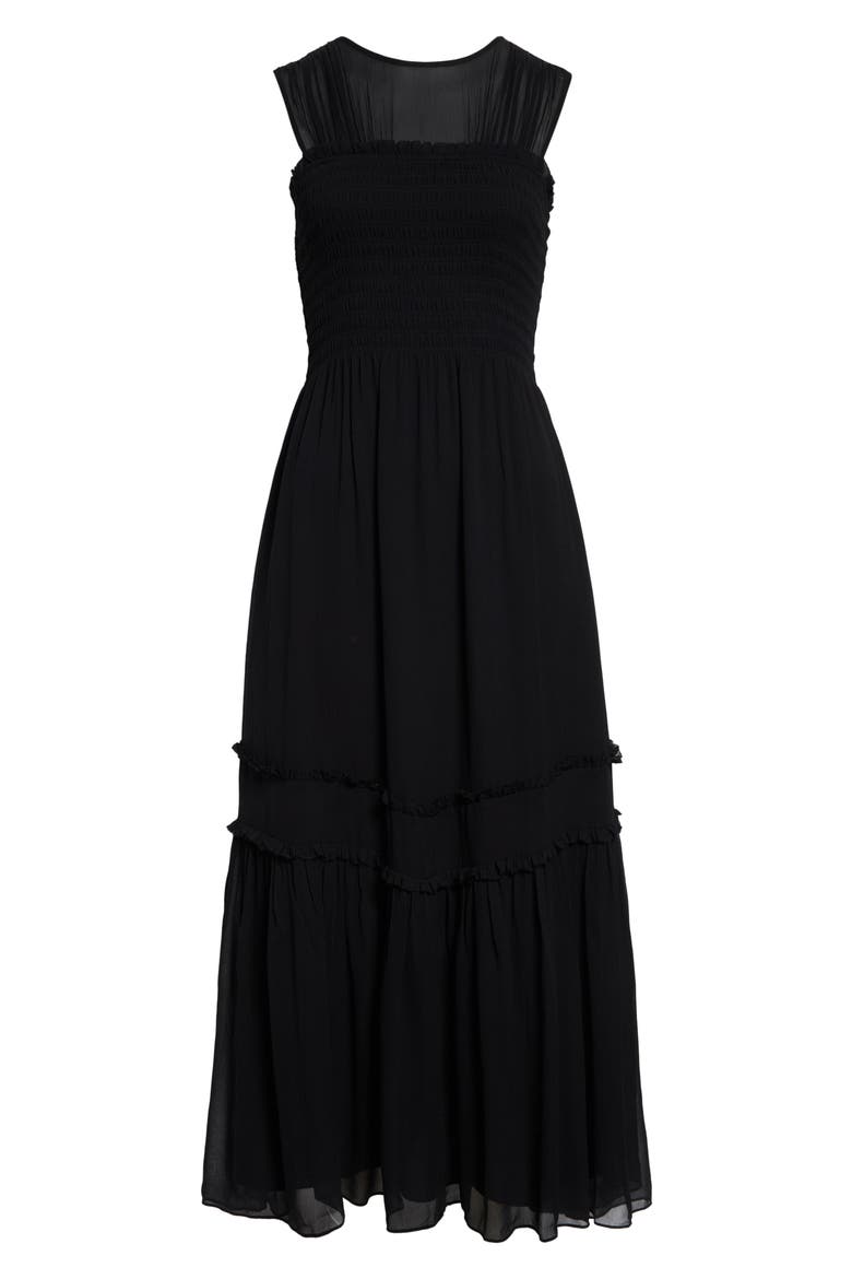 Mila Smocked Silk Midi Dress, Alternate, color, BLACK