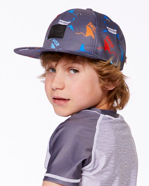 Deux Par Deux Baby Boy's Printed Cap Orange, Red, And Blue Sharks On Gray In Orange Red And Blue Sharks