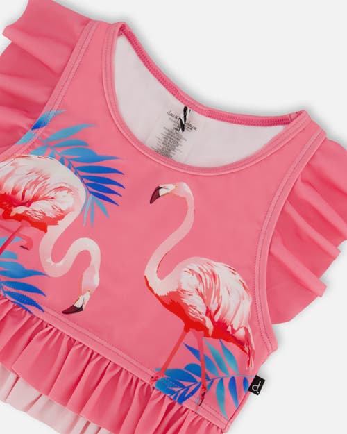 Deux Par Deux Little Girl's Printed Two-piece Swimsuit With Frills Candy Pink And Pink Flamingo In Candy Pink And Pink Flamingo