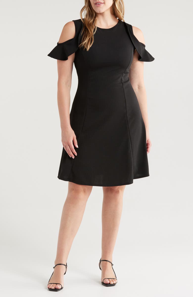 24seven Comfort Apparel Ruffle Cold Shoulder A-Line Dress, Main, color, Black