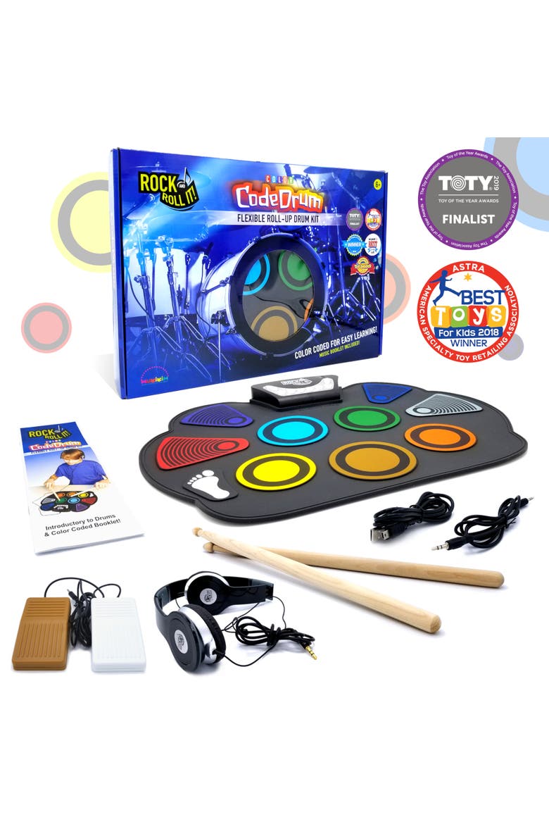 Rock And Roll It CodeDrum. Flexible Roll-Up Color Coded Electric Drum Kit, Easy Learning & Play for Beginners! Portable, battery OR USB. Drumsticks+Bass Drum/Hi Hat pedals+Headphones+Music Book, Main, color, Black