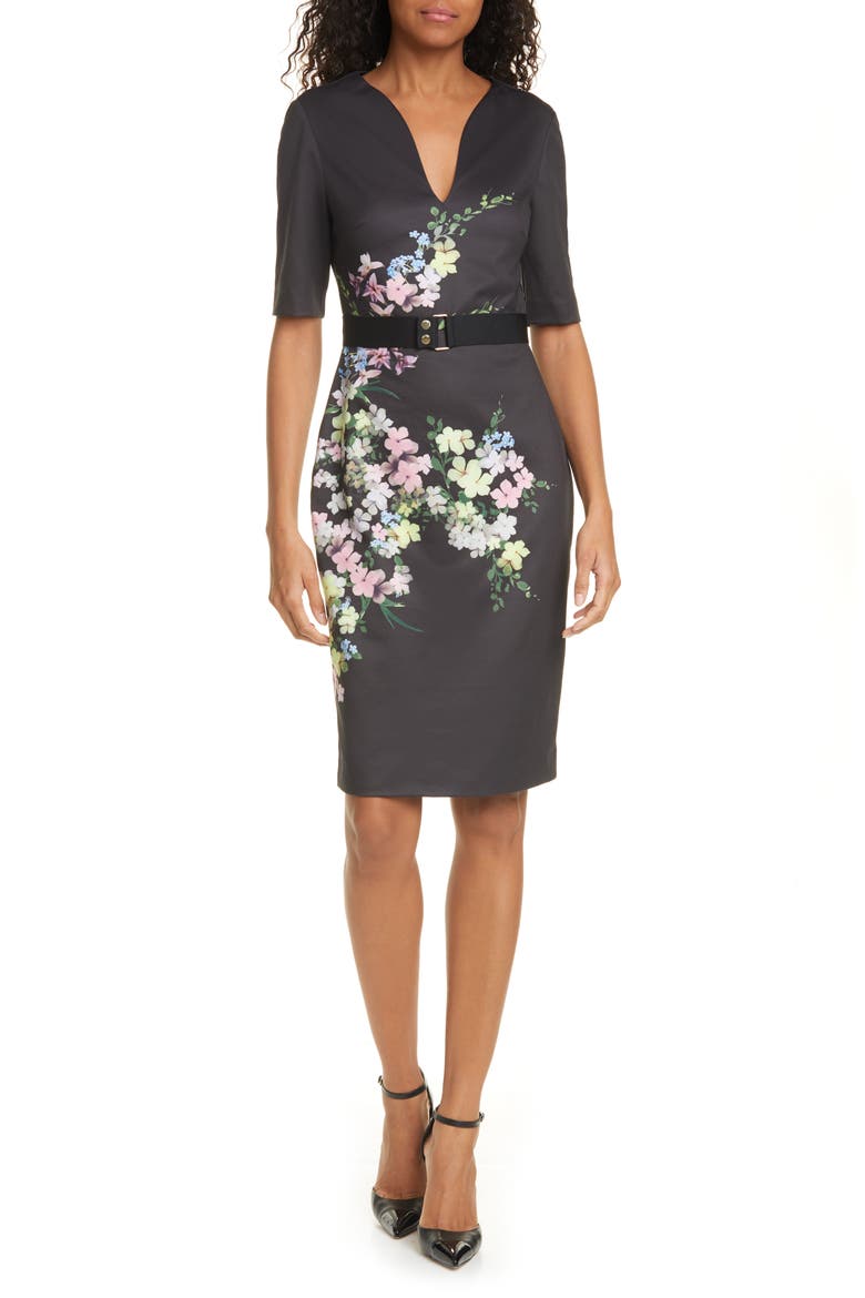 Soliaa Pergola Floral Body-Con Dress, Main, color, BLACK