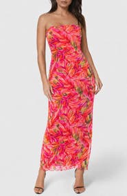 bebe Printed Mesh Strapless Maxi Dress