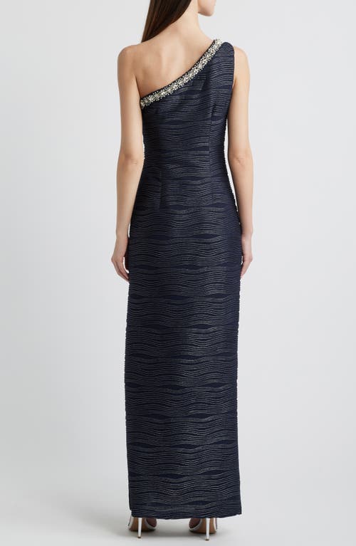 Vince Camuto Rhinestone & Foiled Wave Stripe One-shoulder Sheath Gown In Navy