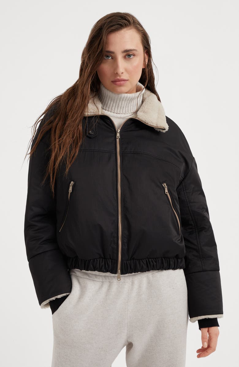 Brunello Cucinelli Water-resistant techno satin down jacket with shearling inserts and monili, Alternate, color,