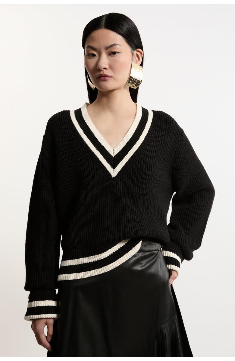 Karen Millen Cotton V-Neck Knit Boxy Jumper, Main, color, Black