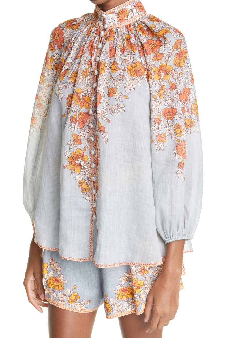 Andie Floral Print Ramie Blouse, Alternate, color, DUSTY BLUE FLORAL