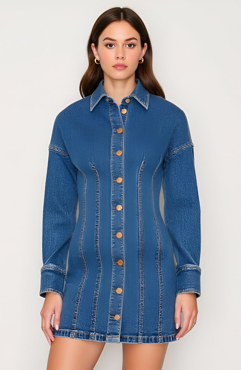 Modenaire Denim Button Front Mini Dress with Long Sleeves and Contrast Seaming, Main, color, 