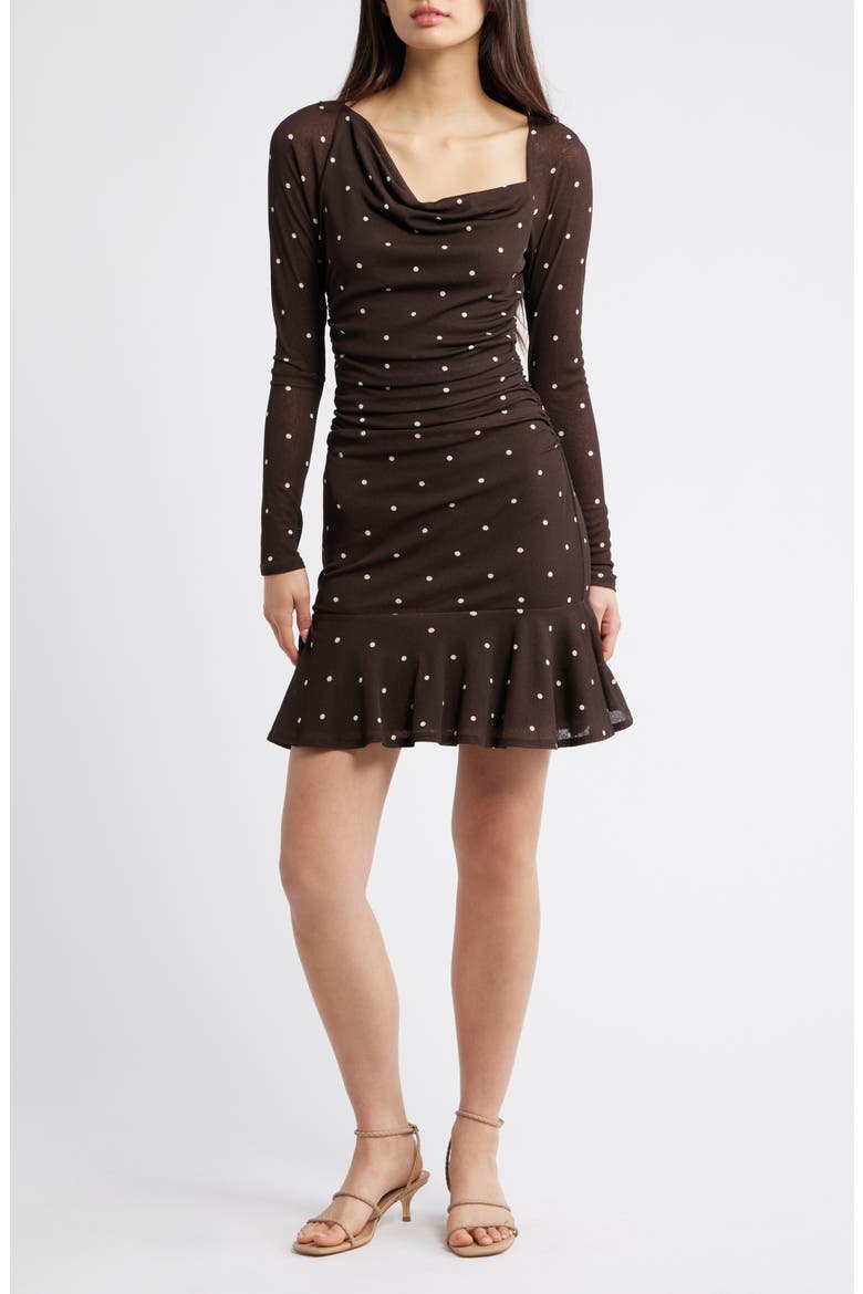 Celano Polka Dot Long Sleeve Minidress, Main, color, COCOA POLKA DOTS