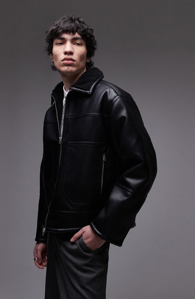 Topman Faux Shearling Faux Leather Jacket, Main, color,