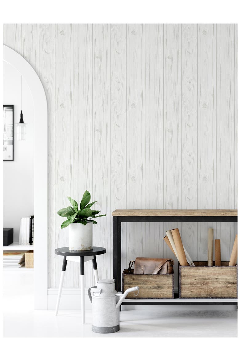 White Barn Wood Peel & Stick Wallpaper, Alternate, color, WHITE