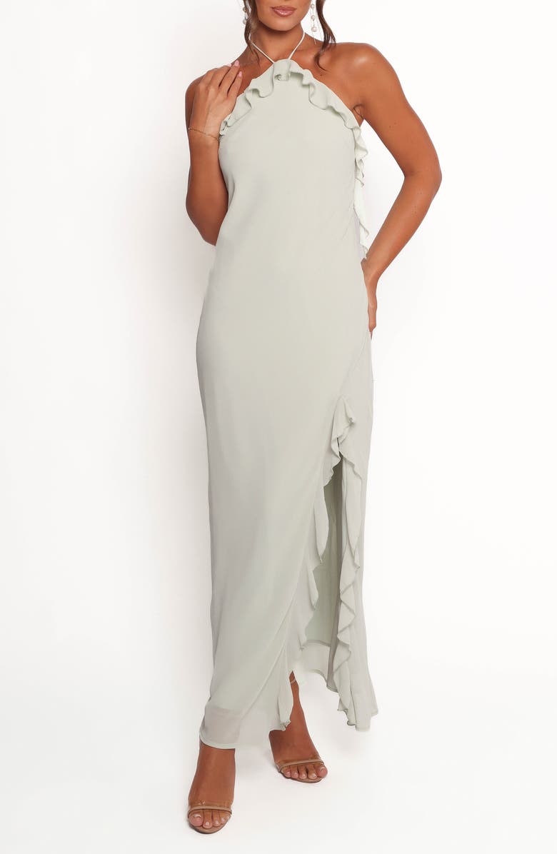 Petal & Pup Patricia Ruffle Detail Halter Neck Maxi Dress, Main, color, Sage
