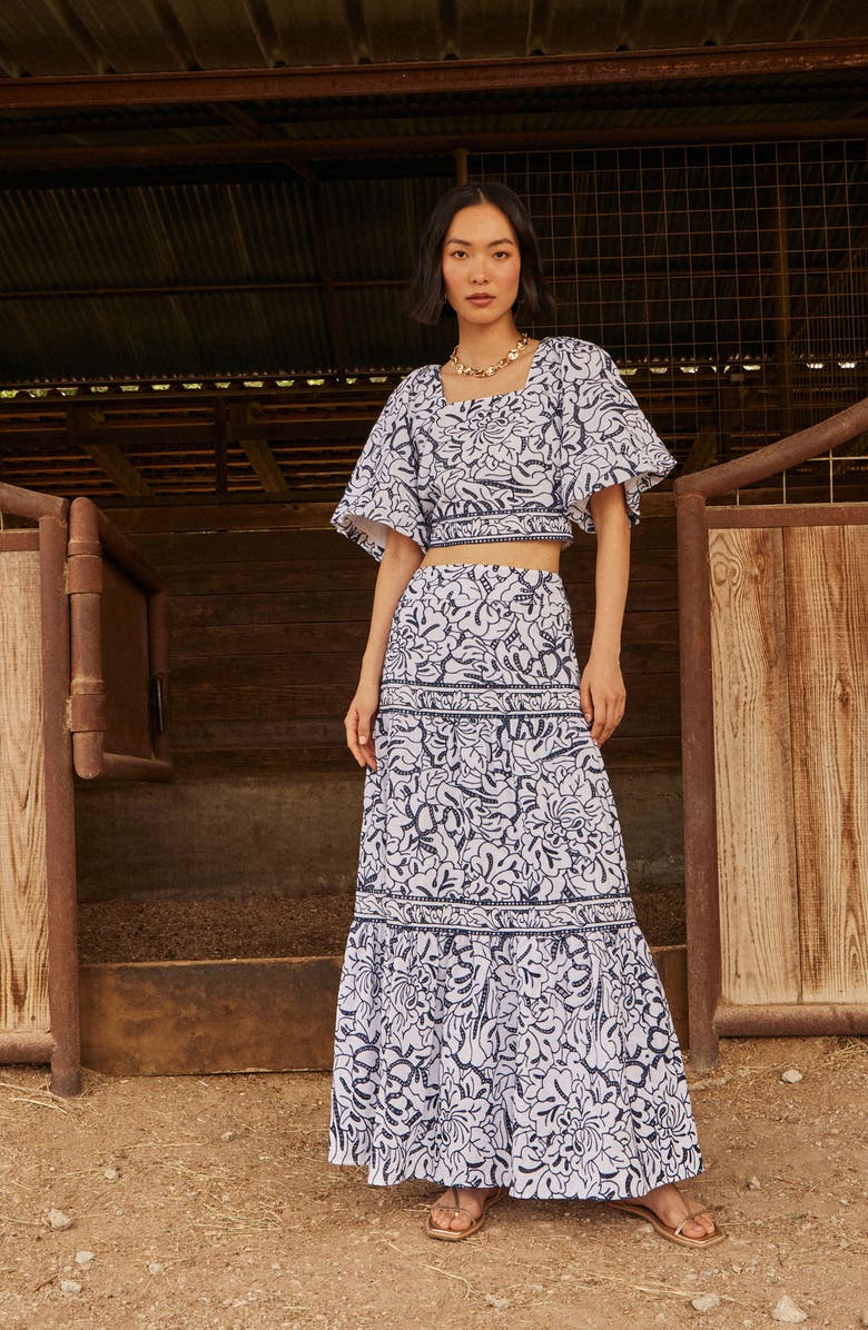 Misook Embroidered Floral Cotton Crop Top, Alternate, color, Mazarine/White