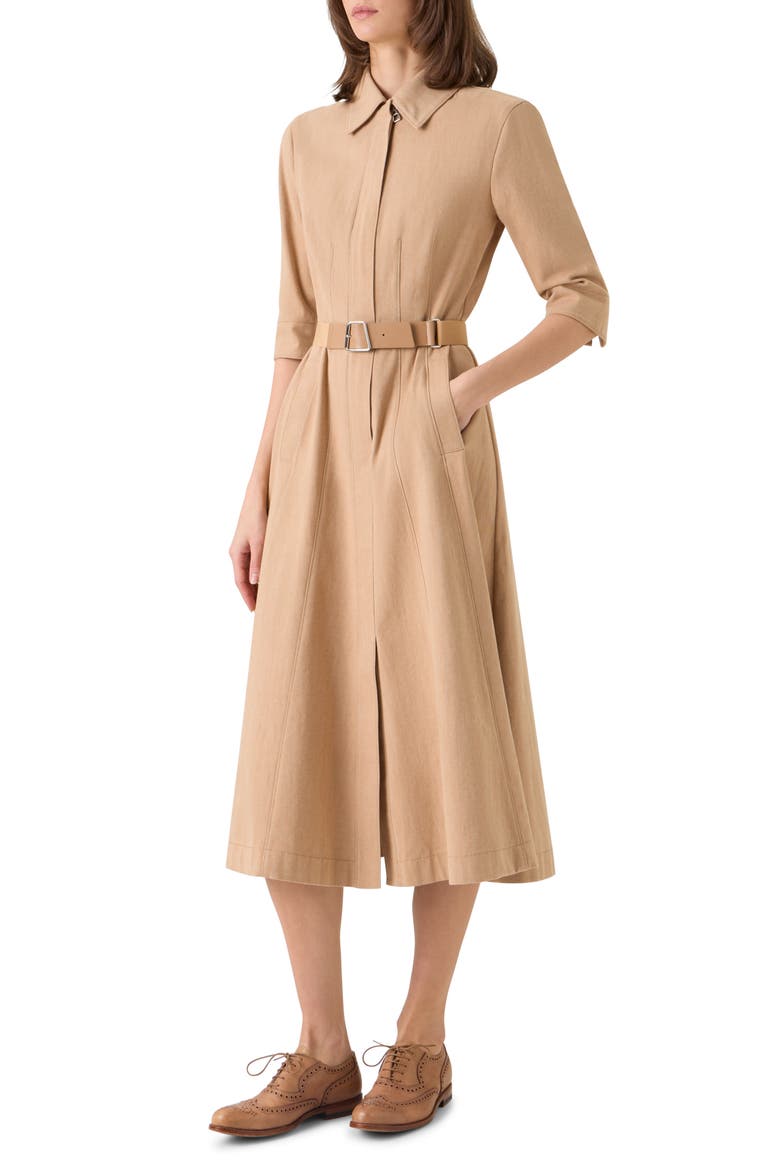 Belted Stretch Denim Midi Dress, Alternate, color, CAMEL