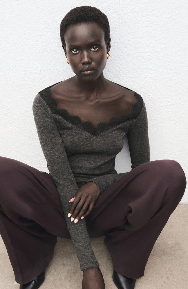 MANGO Lace Trim Long Sleeve Top, Alternate, color, Medium Heather Grey