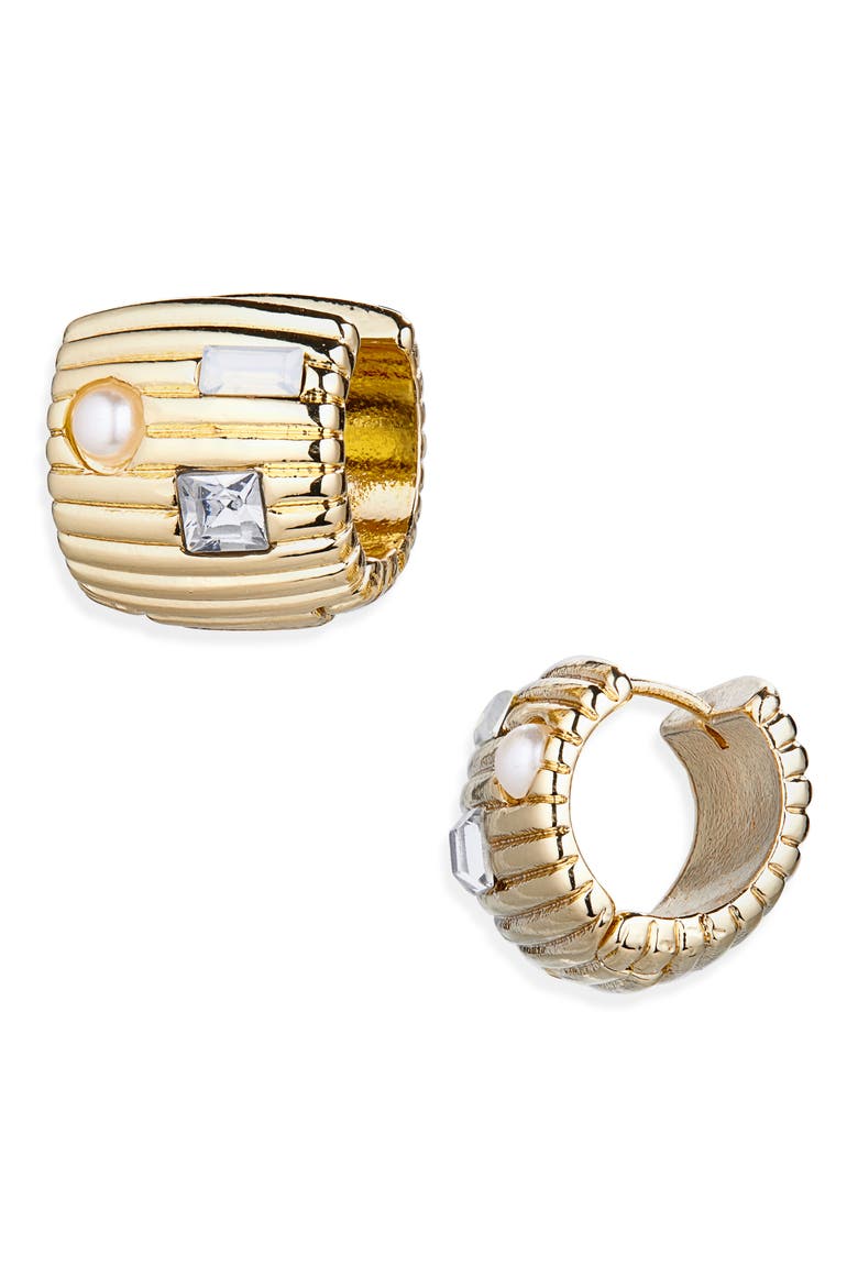 Luxe Stone Ribbed Huggie Hoop Earrings, Main, color, CLEAR- GOLD