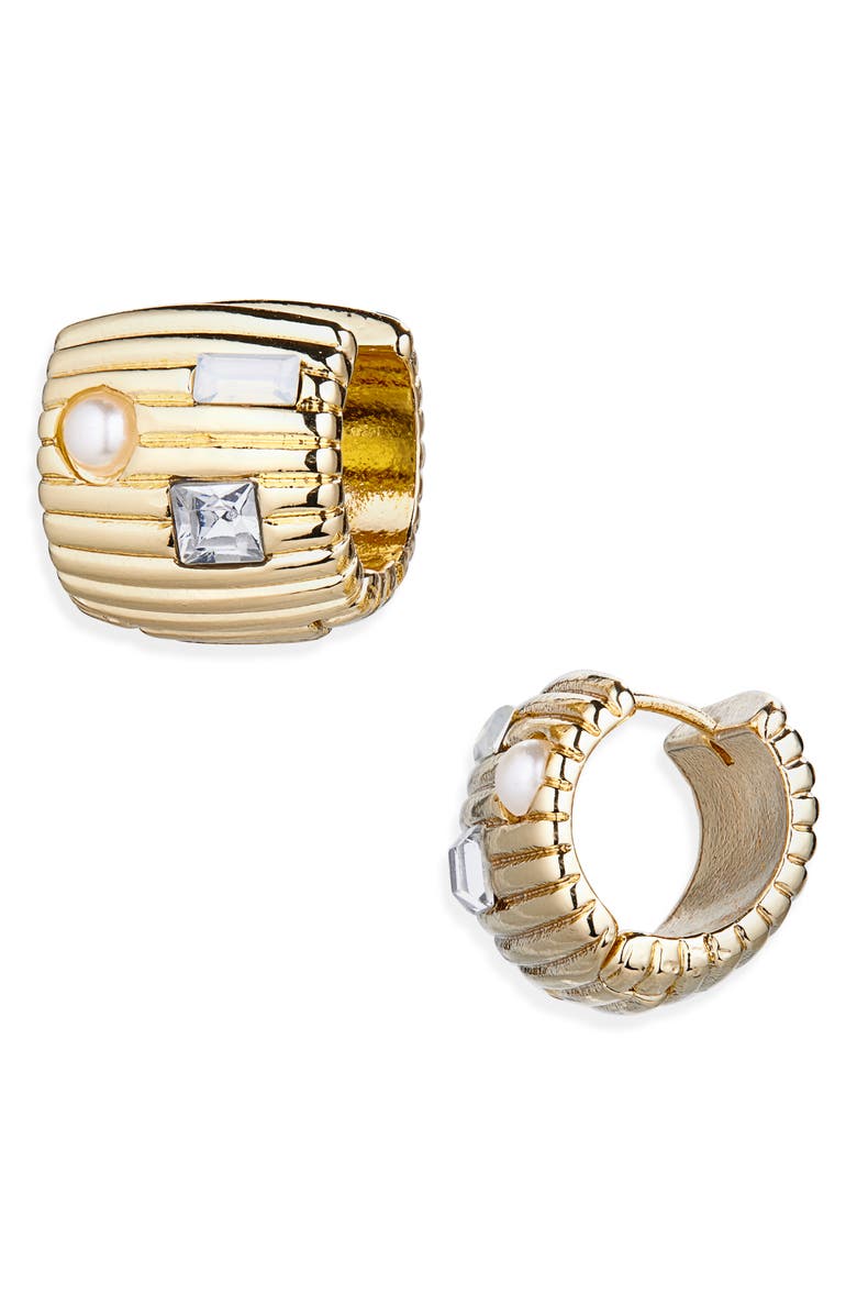 NORDSTROM RACK Luxe Stone Ribbed Huggie Hoop Earrings, Main, color, Clear- Gold