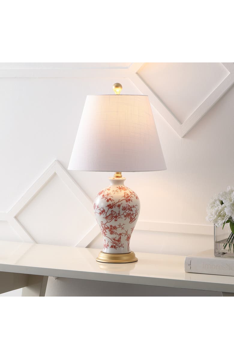 JONATHAN Y Grace French Country Cottage Ceramic/Iron Floral Urn LED Table Lamp, Main, color, White/Red