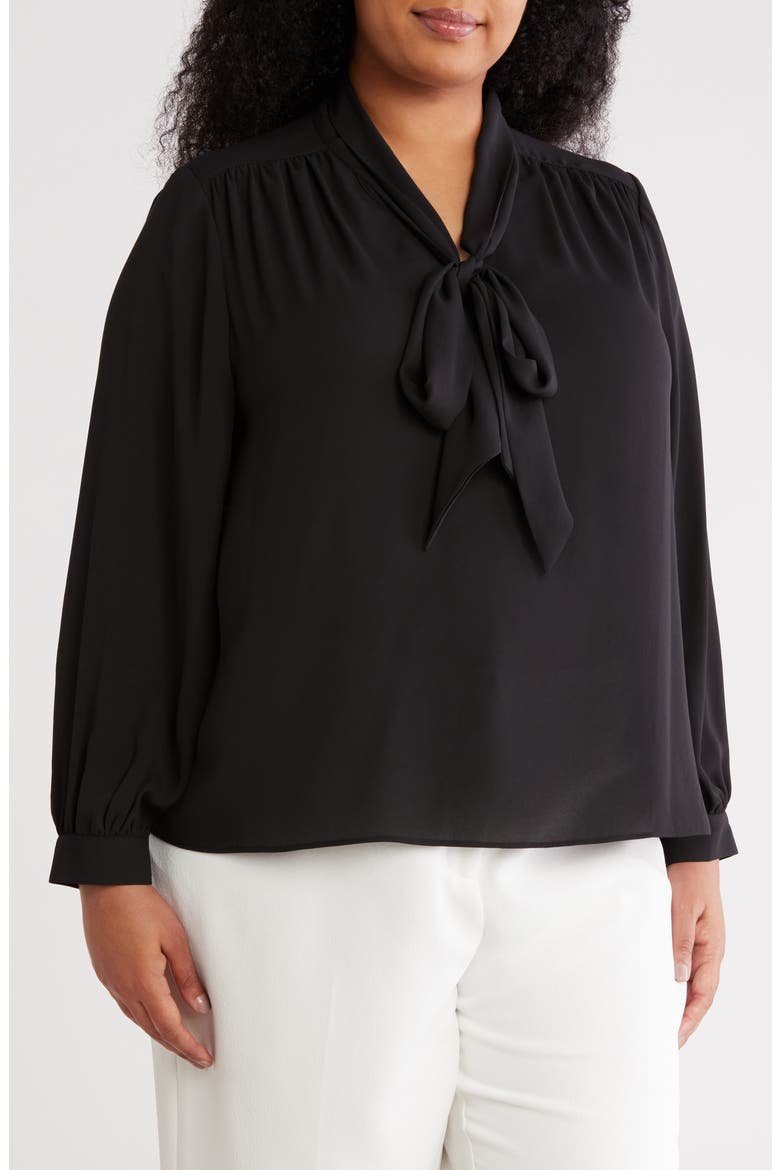 Tie Neck Long Sleeve Top, Main, color, BLACK