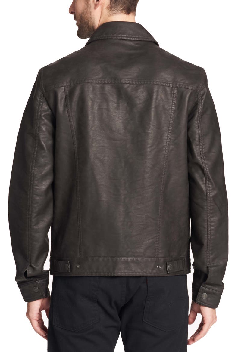 Faux Leather Trucker Jacket, Alternate, color, DARK BROWN