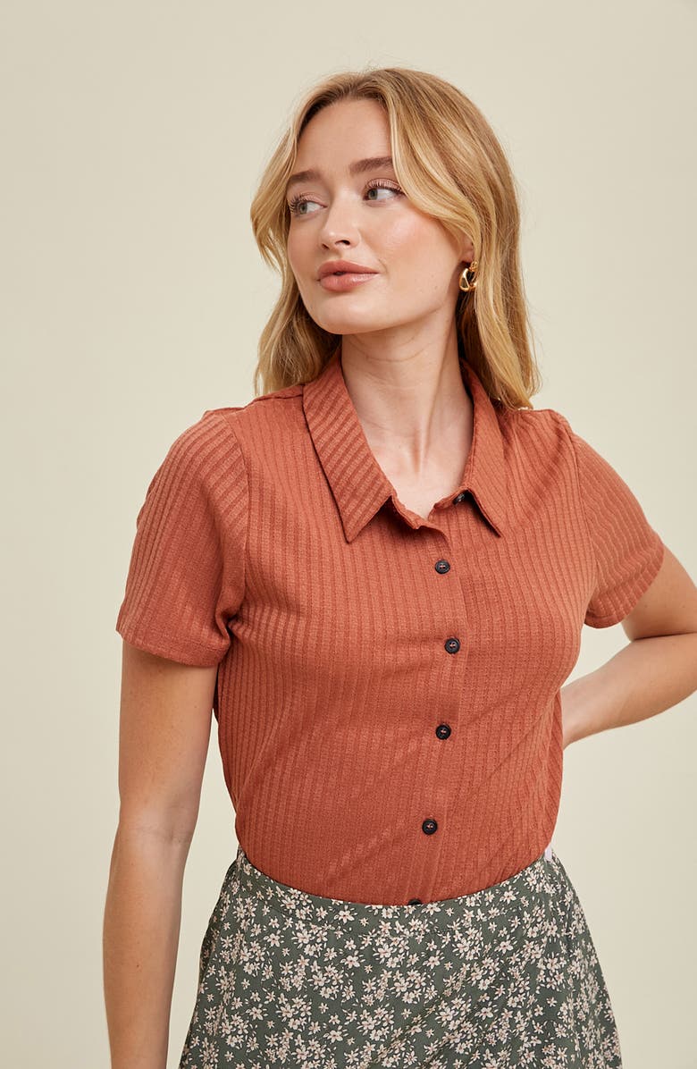 WISHLIST Rib Knit Button-Up Shirt, Alternate, color, Brick
