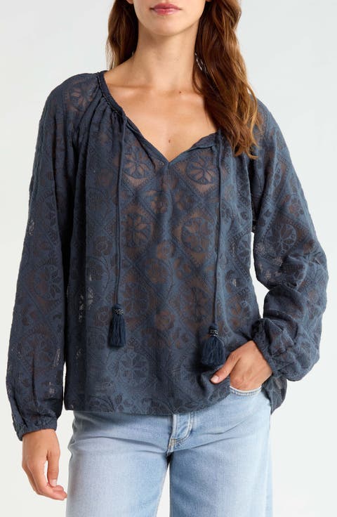 Lace Long Sleeve Cotton Peasant Top