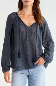 Lucky Brand Lace Long Sleeve Cotton Peasant Top