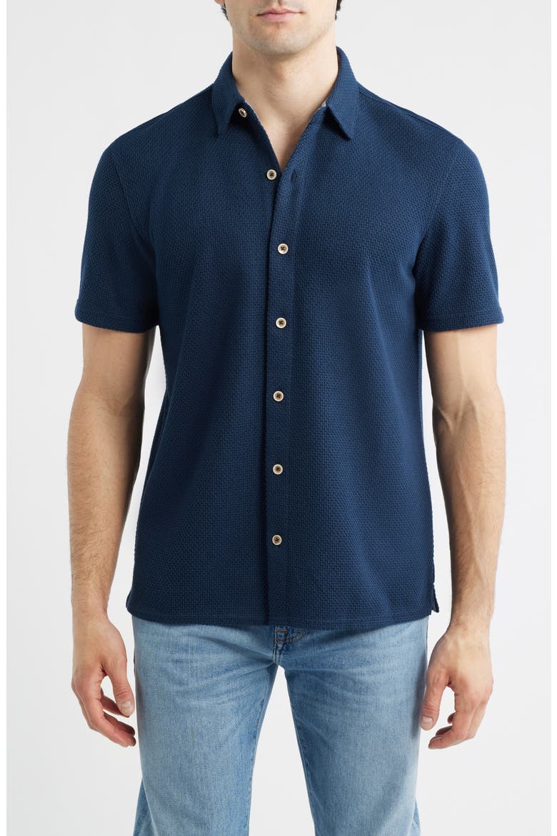 Linden Textured Short Sleeve Button-Up Shirt, Main, color, NAVY