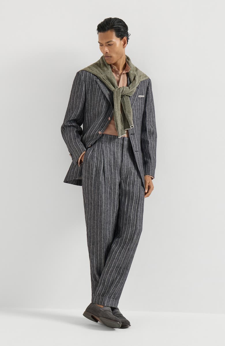 Brunello Cucinelli Linen chalk stripe chevron trousers, Alternate, color, Dark Grey