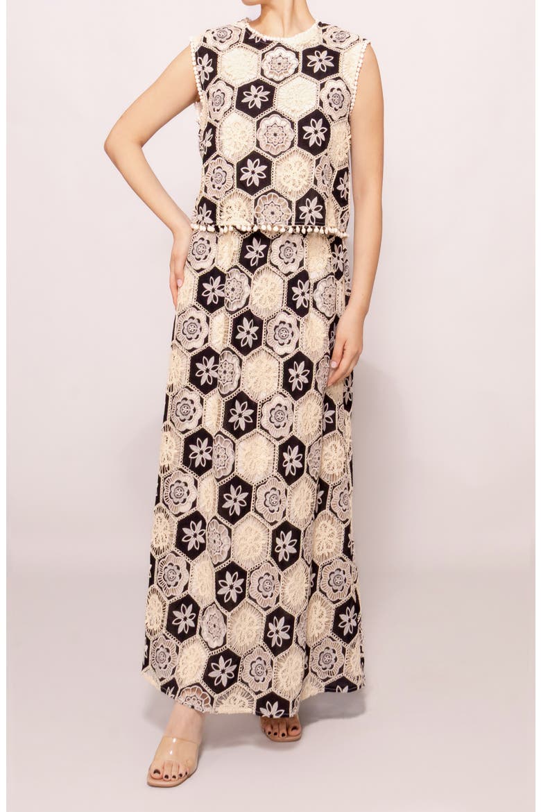 Crochet Detail Sleeveless Maxi Dress, Main, color, IVORY BLACK