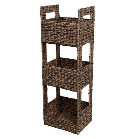 Savannah Coastal Handwoven Water Hyacinth 3-Tier Freestanding Storage Tower with Metal Frame and Handles