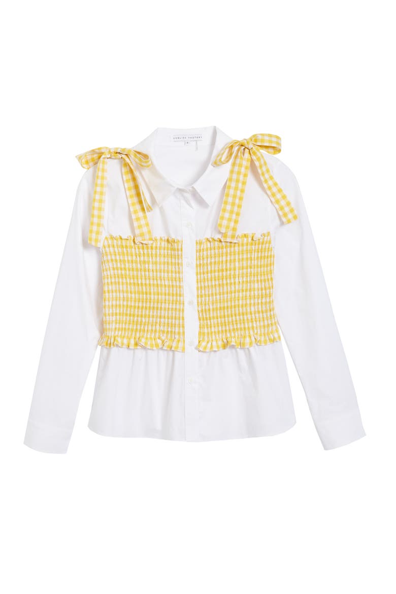 Gingham Smocked Button-Up Shirt, Main, color, WHITE/ DANDELION