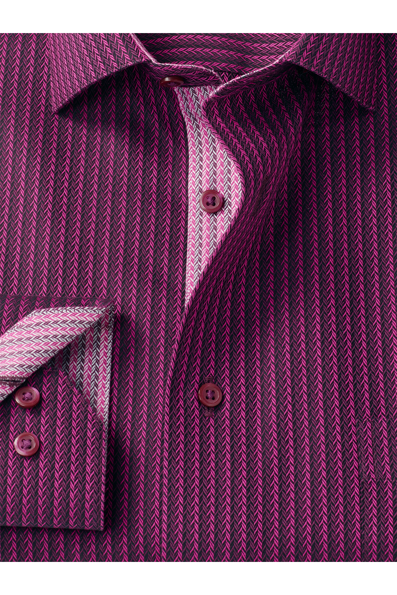 Cotton Spandex Spread Collar Twill Classic Contrast Trim Button Cuff Long Sleeve, Alternate, color, Burgundy