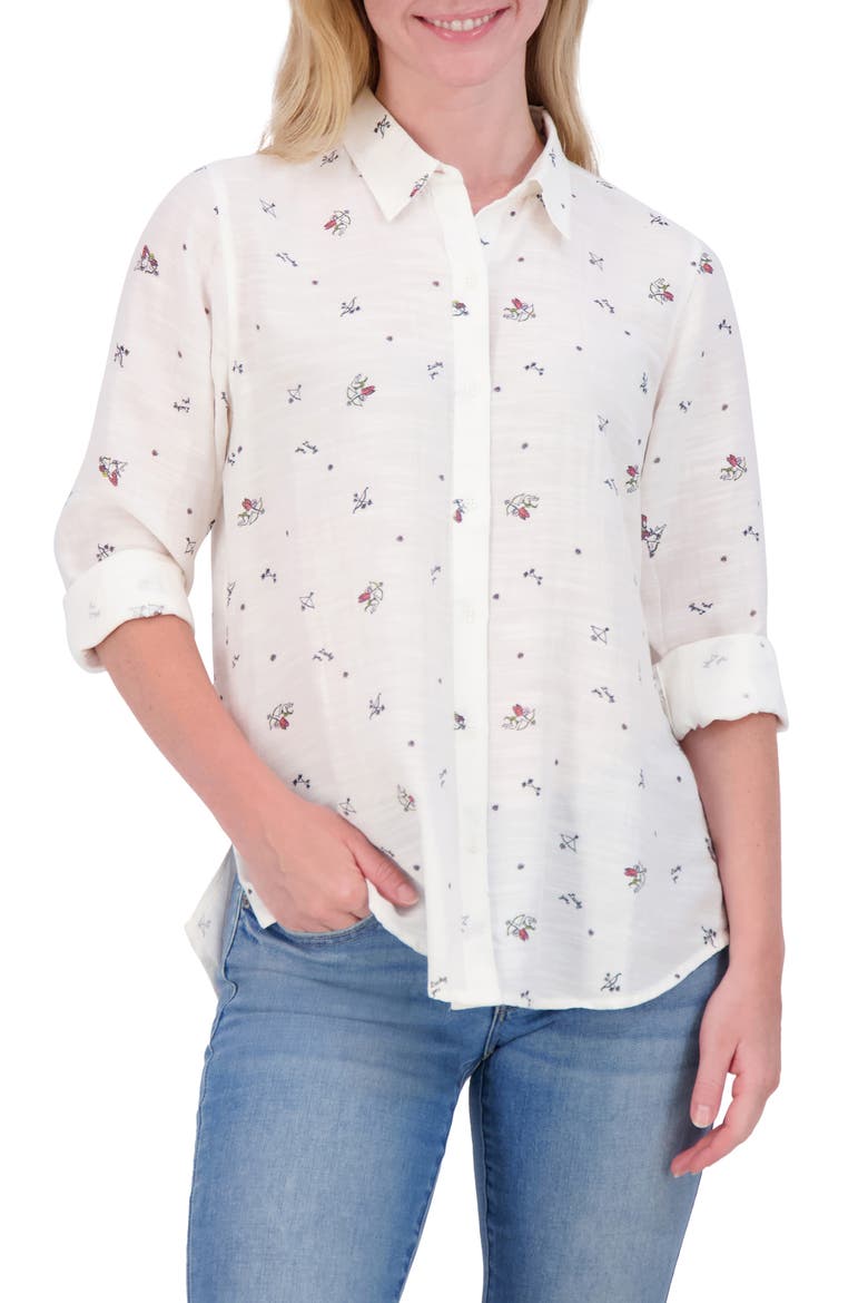 Heart Print Button-Up Shirt, Main, color, CREAM BLUE MULTI