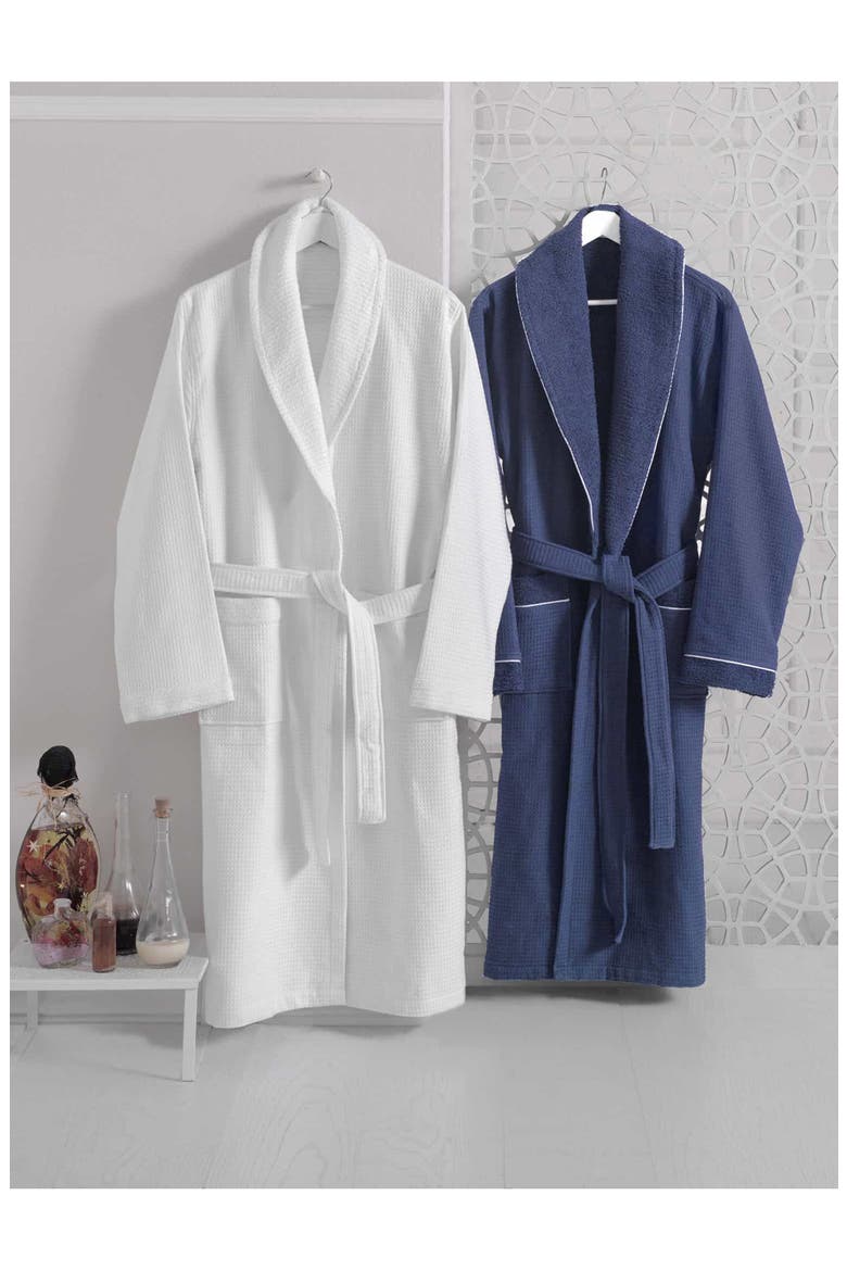 Shawl Waffle Turkish Cotton Bathrobe, Alternate, color, NAVY