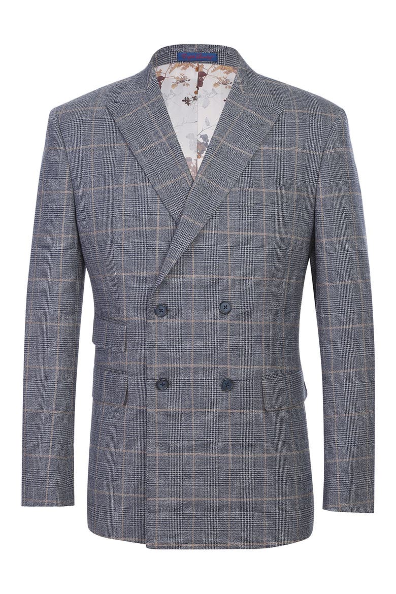 Trim Fit Plaid Double Breasted Flat Front Suit, Alternate, color, BLUE