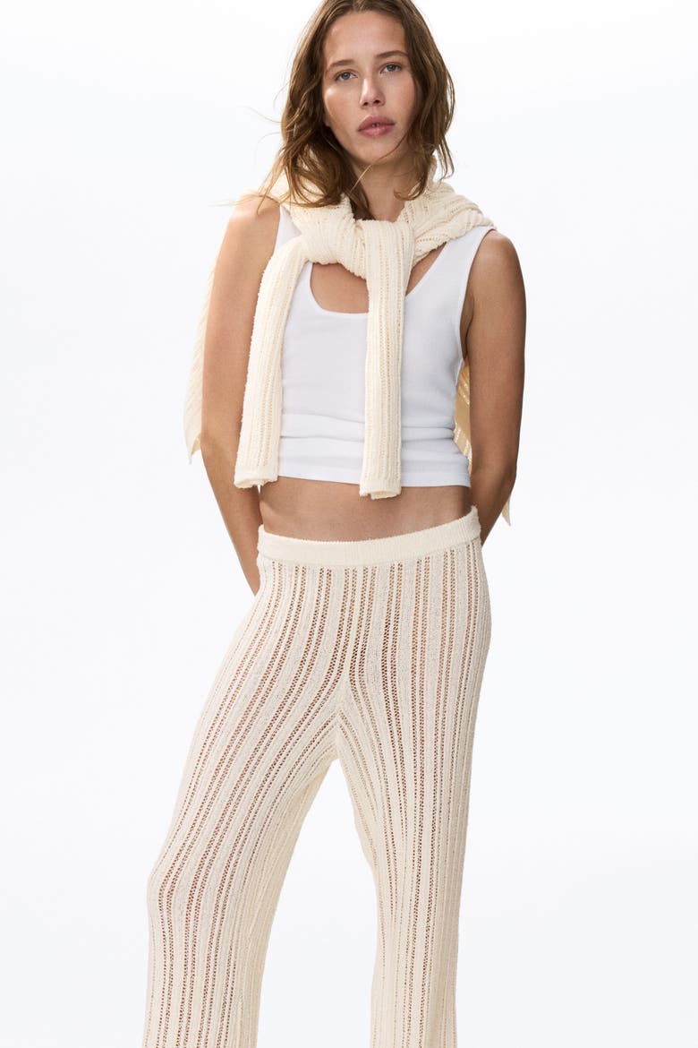 Wide Crochet-look Trousers, Alternate, color, Light beige