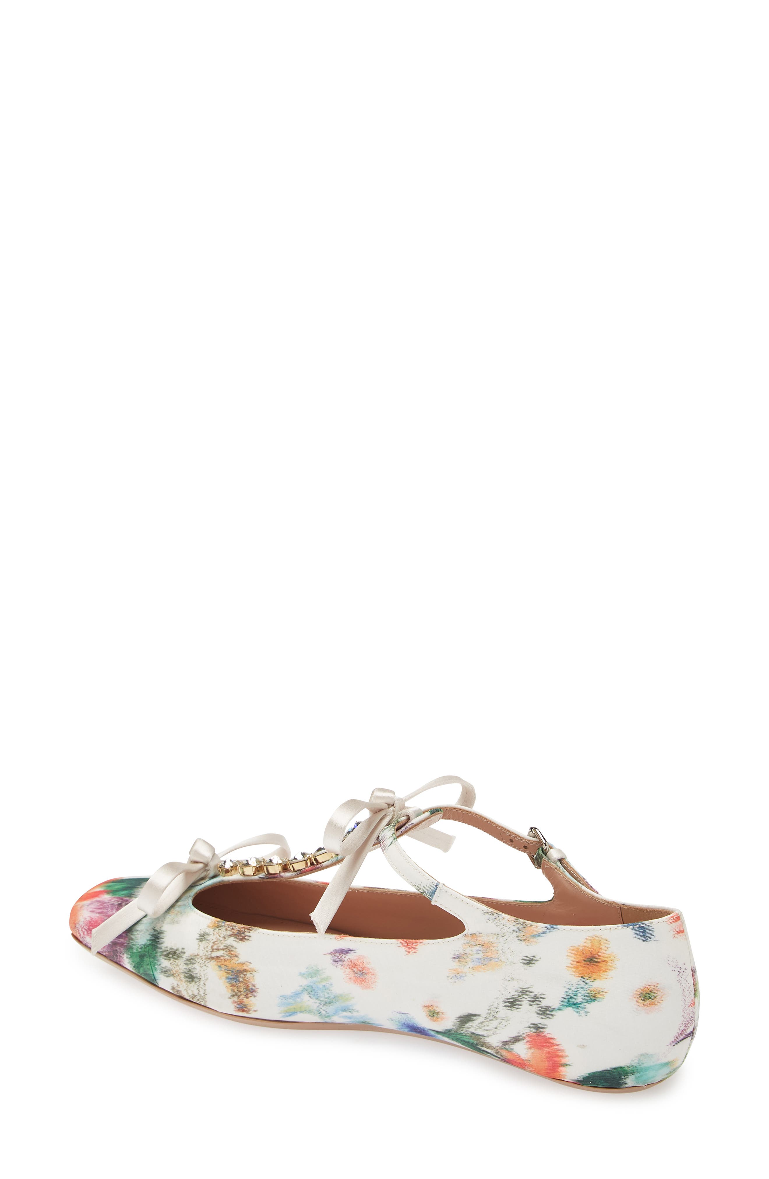 Giambattista Valli Rhinestone T-Strap Floral Satin Ballet Flat, Alternate, color, Ivory/ Rose P015