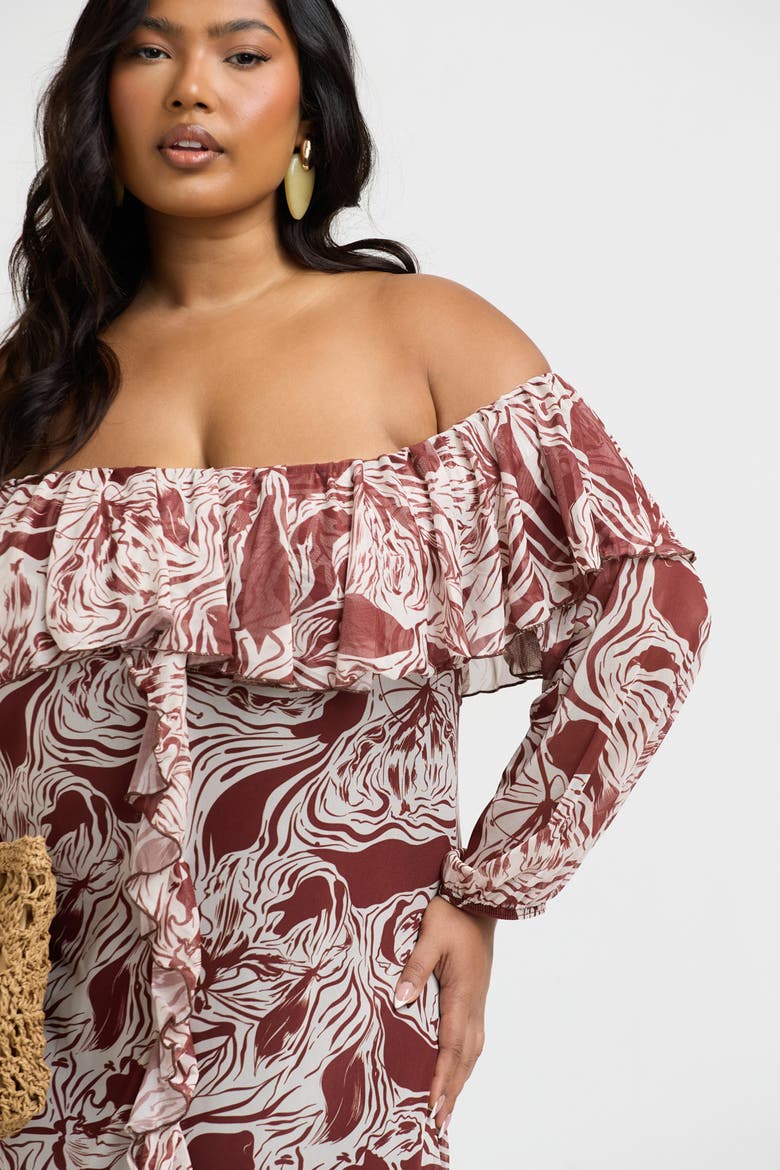 Curve Ruffle Bardot Midaxi Dress, Alternate, color, Brown