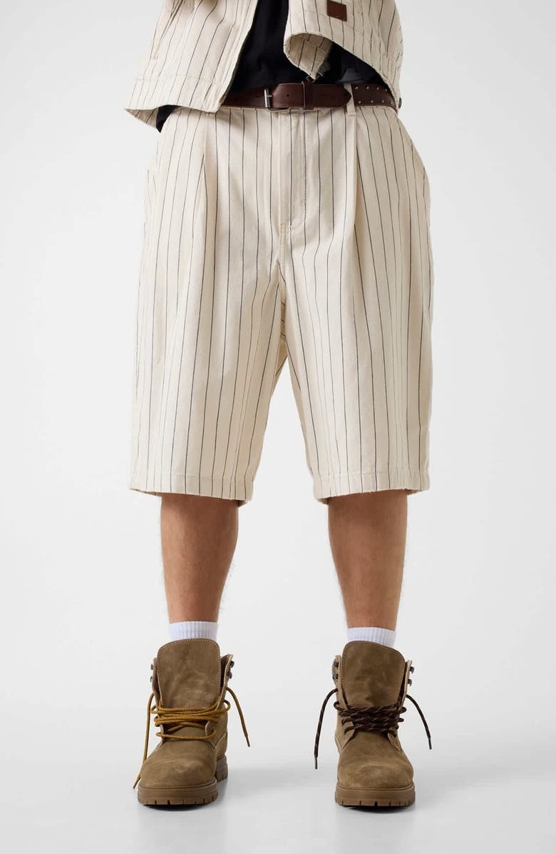 GUESS Pleated Stripe Baggy Shorts, Main, color, Natural